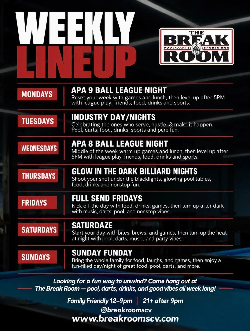 Weekly event schedule at The Break Room pool and sports bar for August 2025, including league nights, themed dates, and family fun days, with details on games, food, drinks, and entertainment.