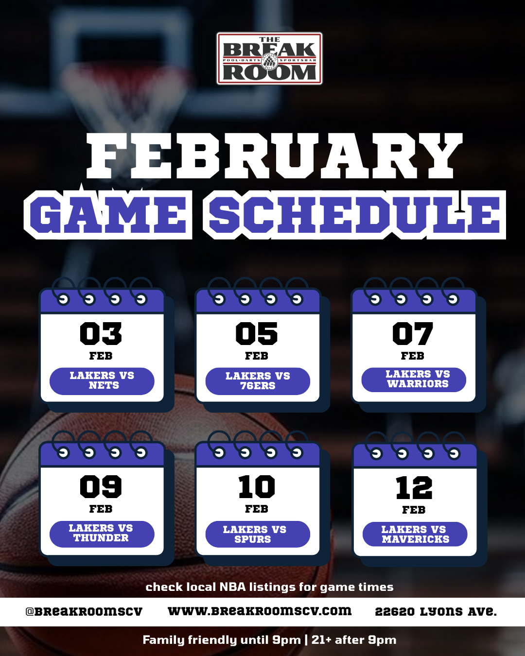 Monthly basketball game schedule for January displayed with dates and matchups, featuring Lakers, Spurs, Pelicans, Bucks, Kings, and Hawks, on a background of a basketball hoop and a ball.