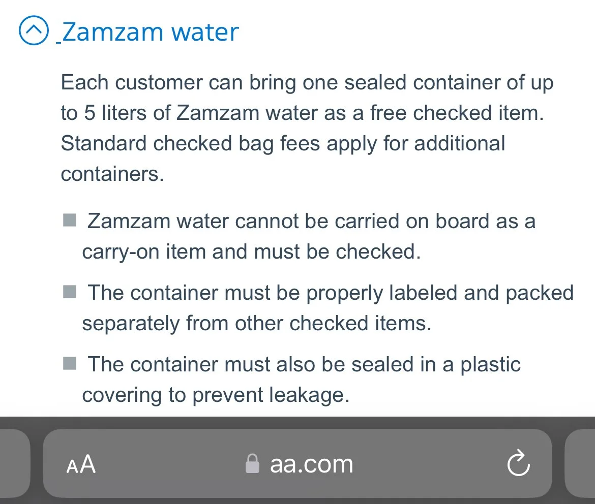 Text explaining Zamzam water policies, including that each customer can bring one sealed container of up to five liters as a free checked item, and detailing packaging and transportation rules.