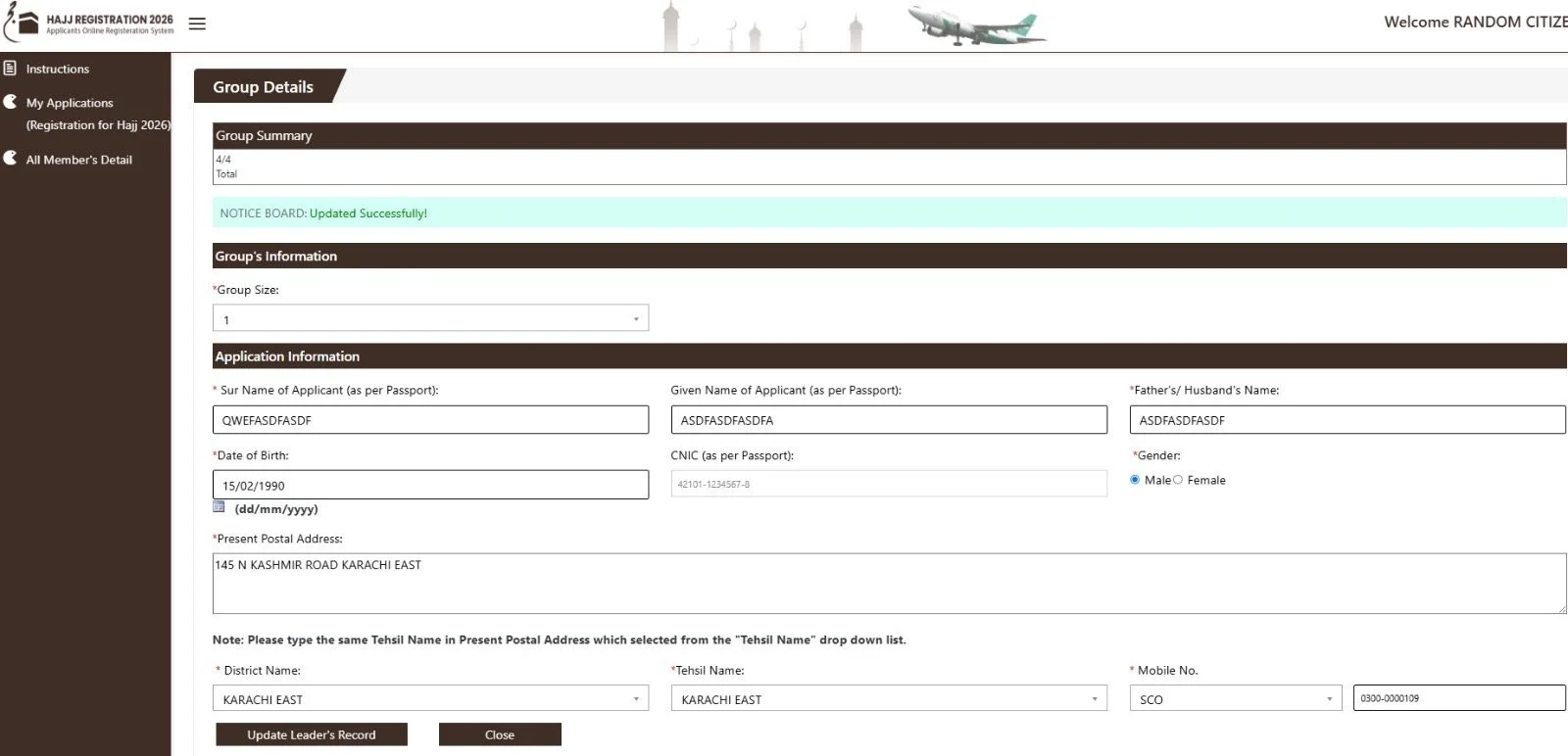 Screenshot of an online registration form for Hajj 2026, showing group details, application information, and personal data fields, with a navigation menu on the left and a welcome message at the top right.