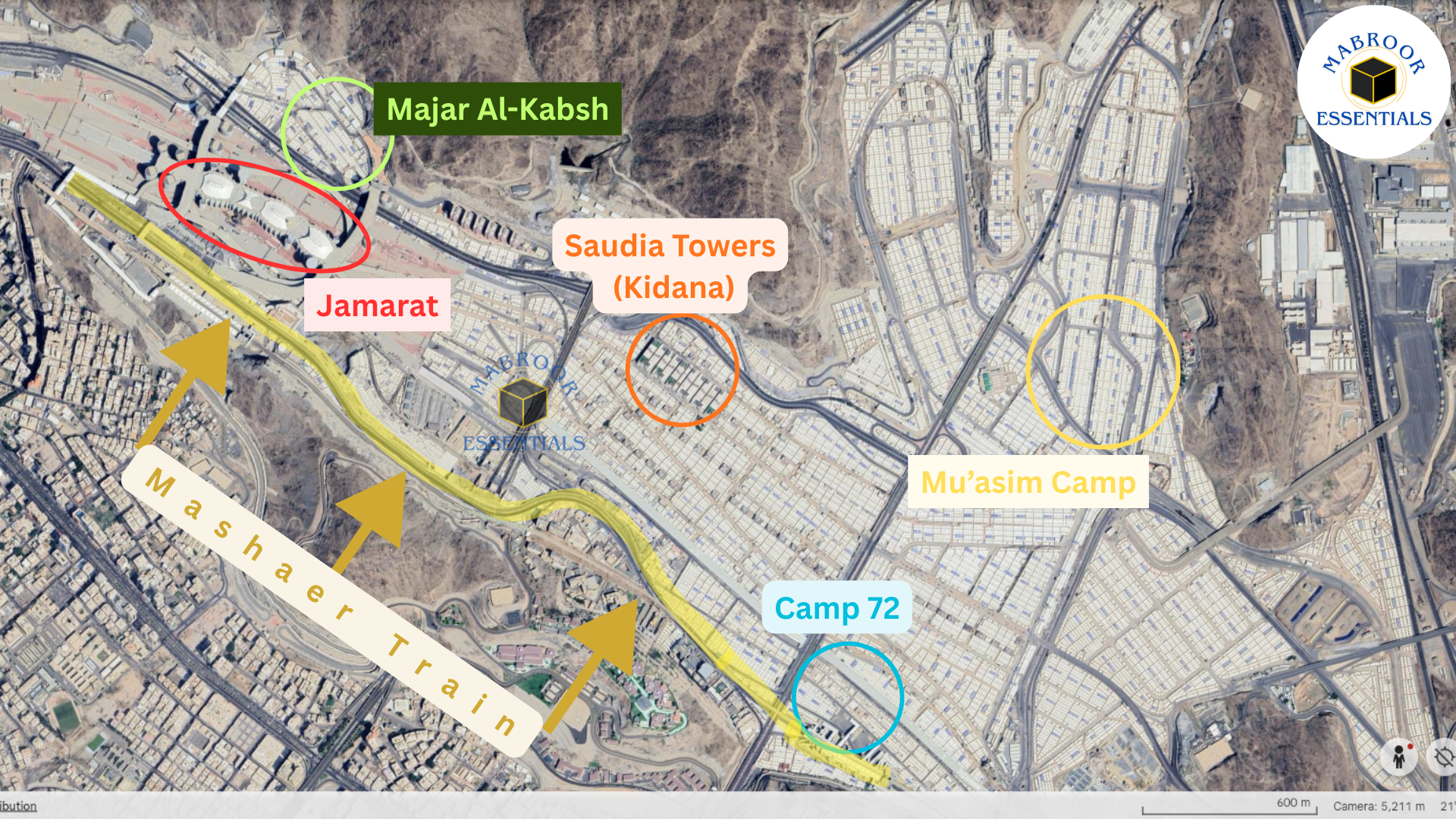 Map of a military area with labels for Majar Al-Kabsh, Saudia Towers (Kidana), Jamarat, Mu'asim Camp, and Camp 72. The map shows roads, buildings, and terrain features, with color-coded circles and arrows indicating specific locations and directions.