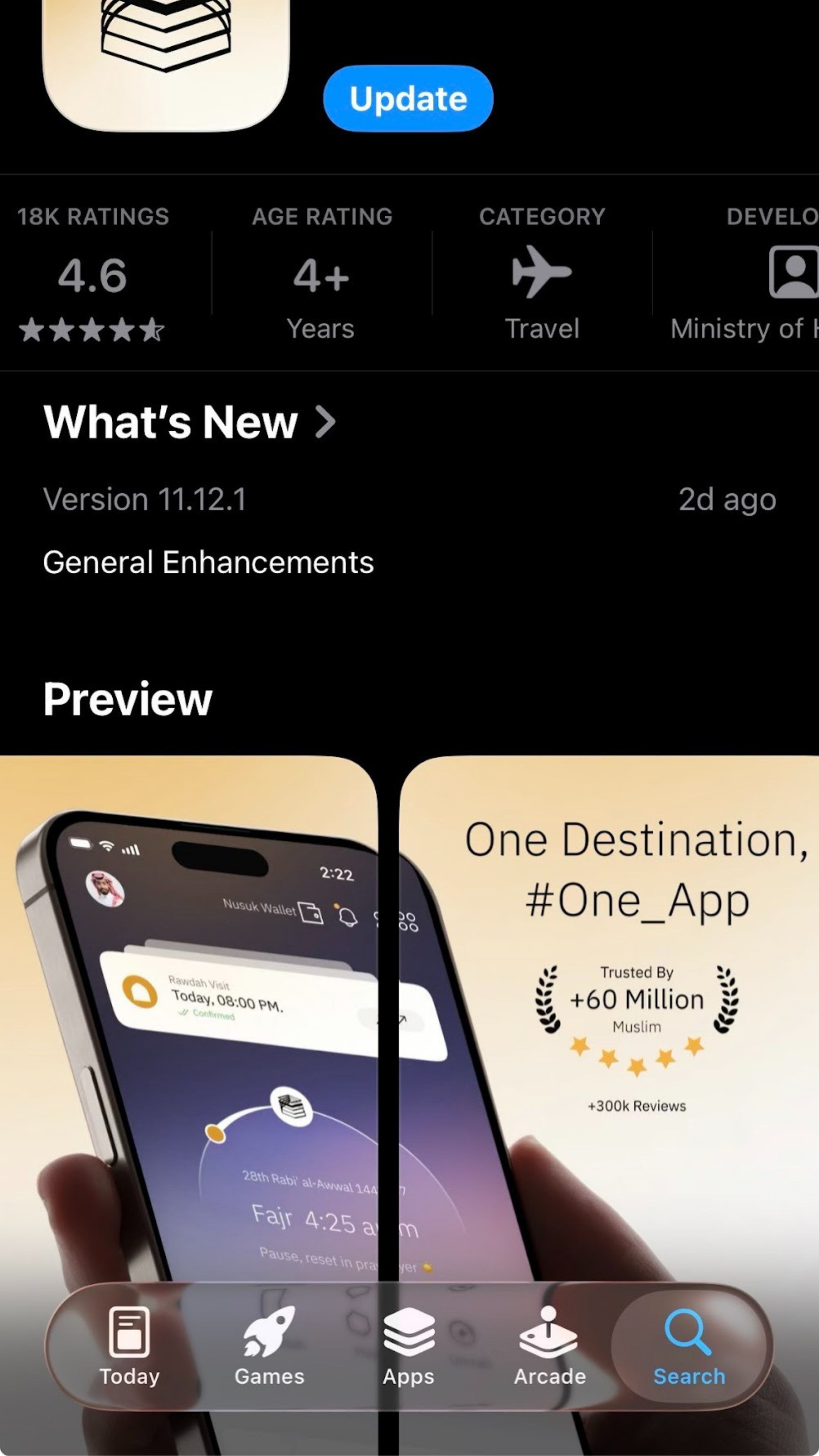 Close-up of a smartphone screen displaying app store information, including an update button, app ratings, age rating, category, and a preview of the app interface with navigation icons at the bottom for 'Today,' 'Games,' 'Apps,' 'Arcade,' and 'Search.'