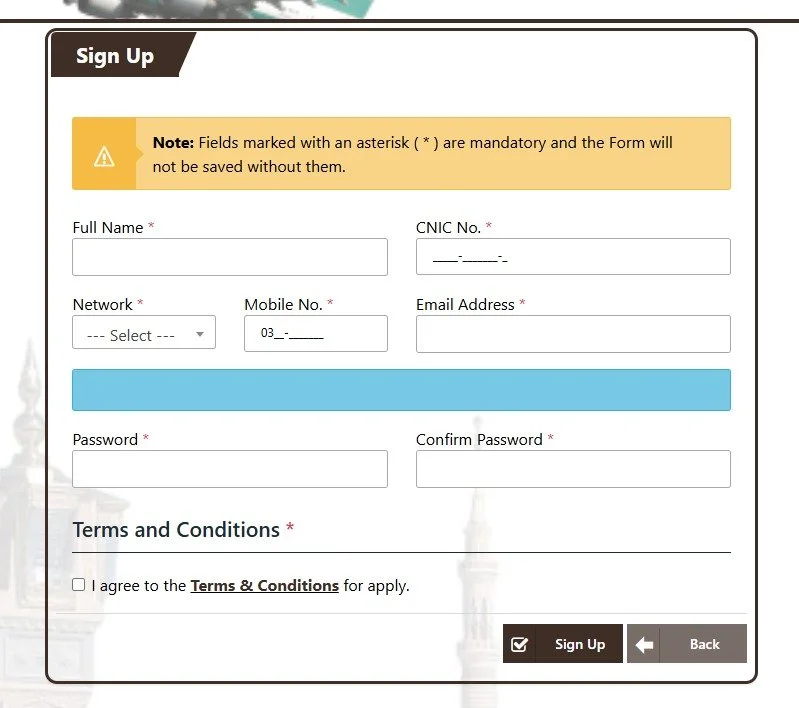 Online registration form with fields for full name, CNIC number, network selection, mobile number, email address, password, and confirmation password, plus terms and conditions agreement checkbox and sign-up button.