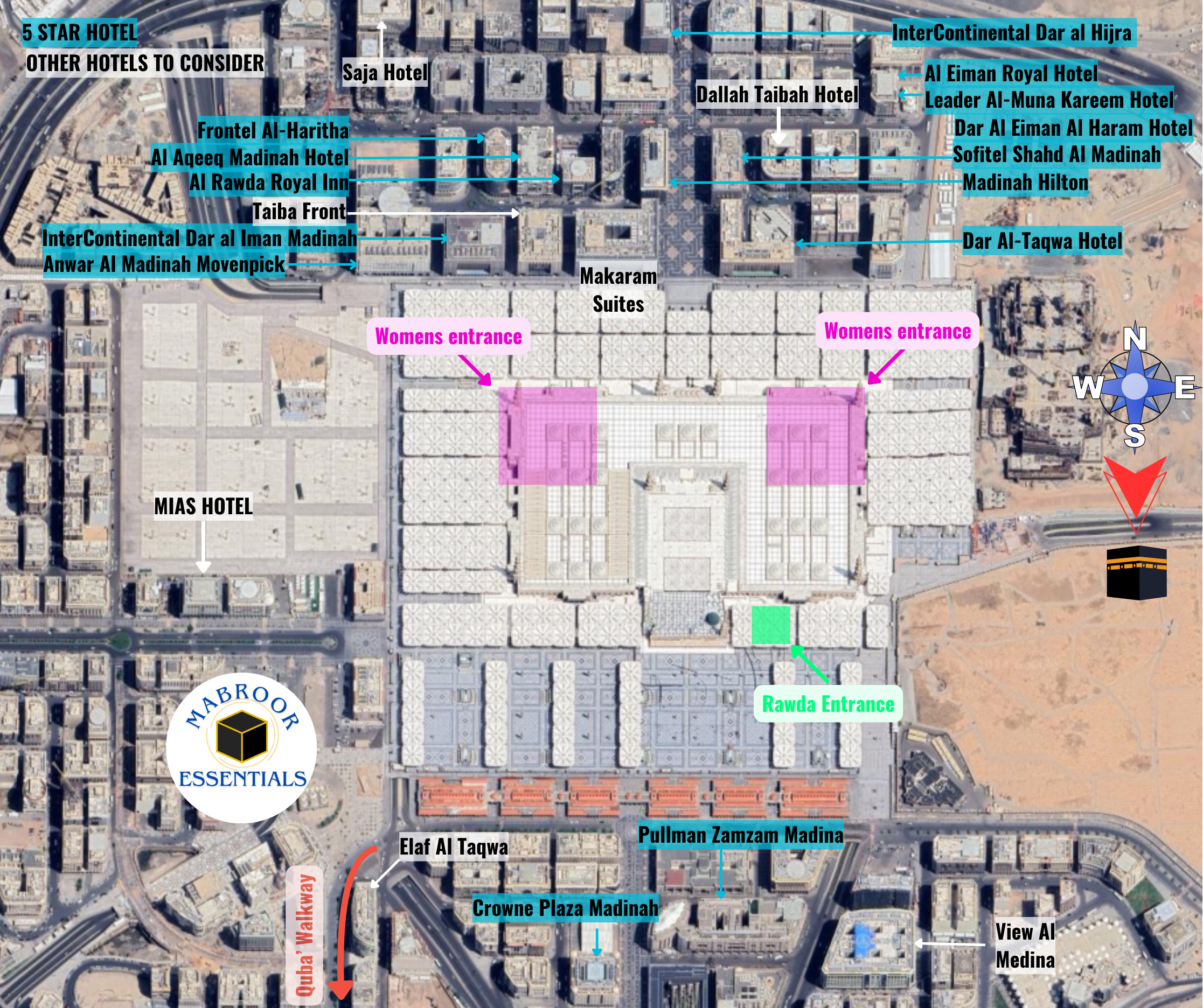 Annotated aerial map of a cityscape showing various hotels, entrances, landmarks, and directions. Highlights include the 5 Star Hotel, Other Hotels to Consider, Makkah Hilton, Abraj Al Bait Towers, and several mosques and plazas, with labels for women and rawda entrances, and directions marked with a compass.