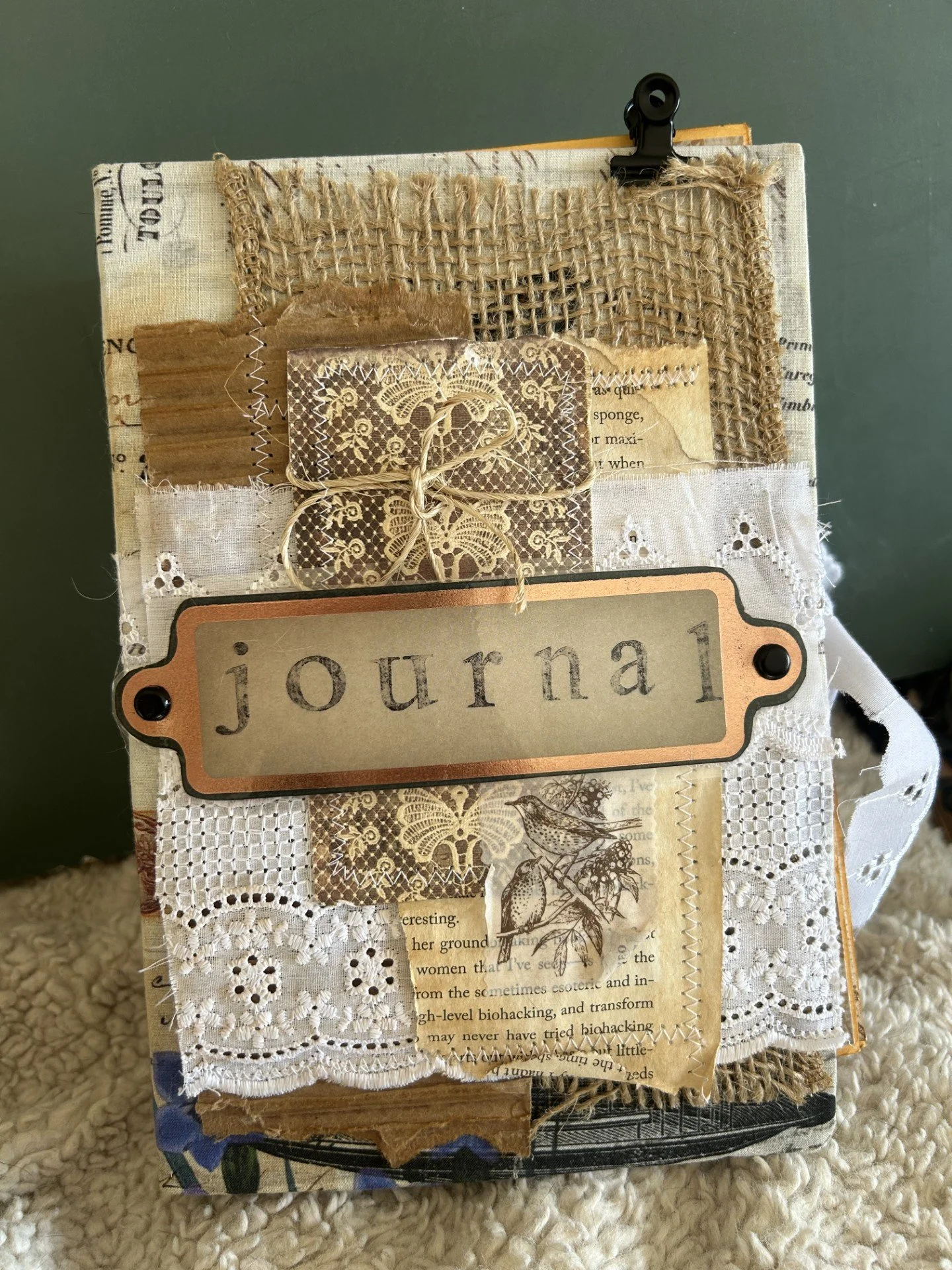Handmade fabric journal with robins