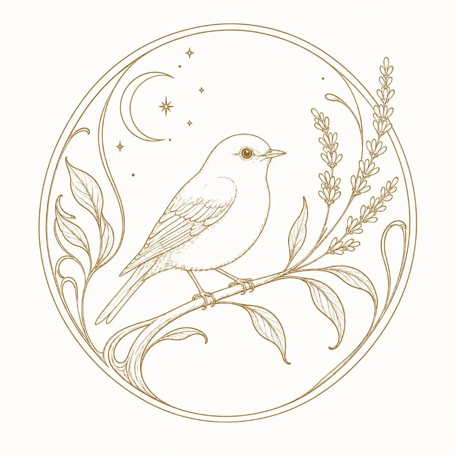 Art nouveau celestial robin roundel in fine gold line