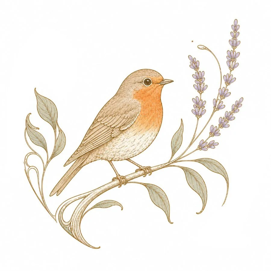 Full-colour art nouveau robin with whiplash flourishes