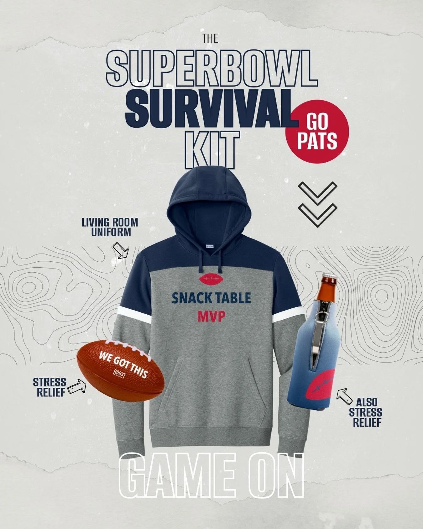 From our Boston-based team to your couch, we&rsquo;re cheering on the Patriots and staying cozy while we do it 💙

Our Super Bowl Survival Kit has the essentials covered: a comfy sweatshirt, a koozie for your game-day beer, and a stress football for 