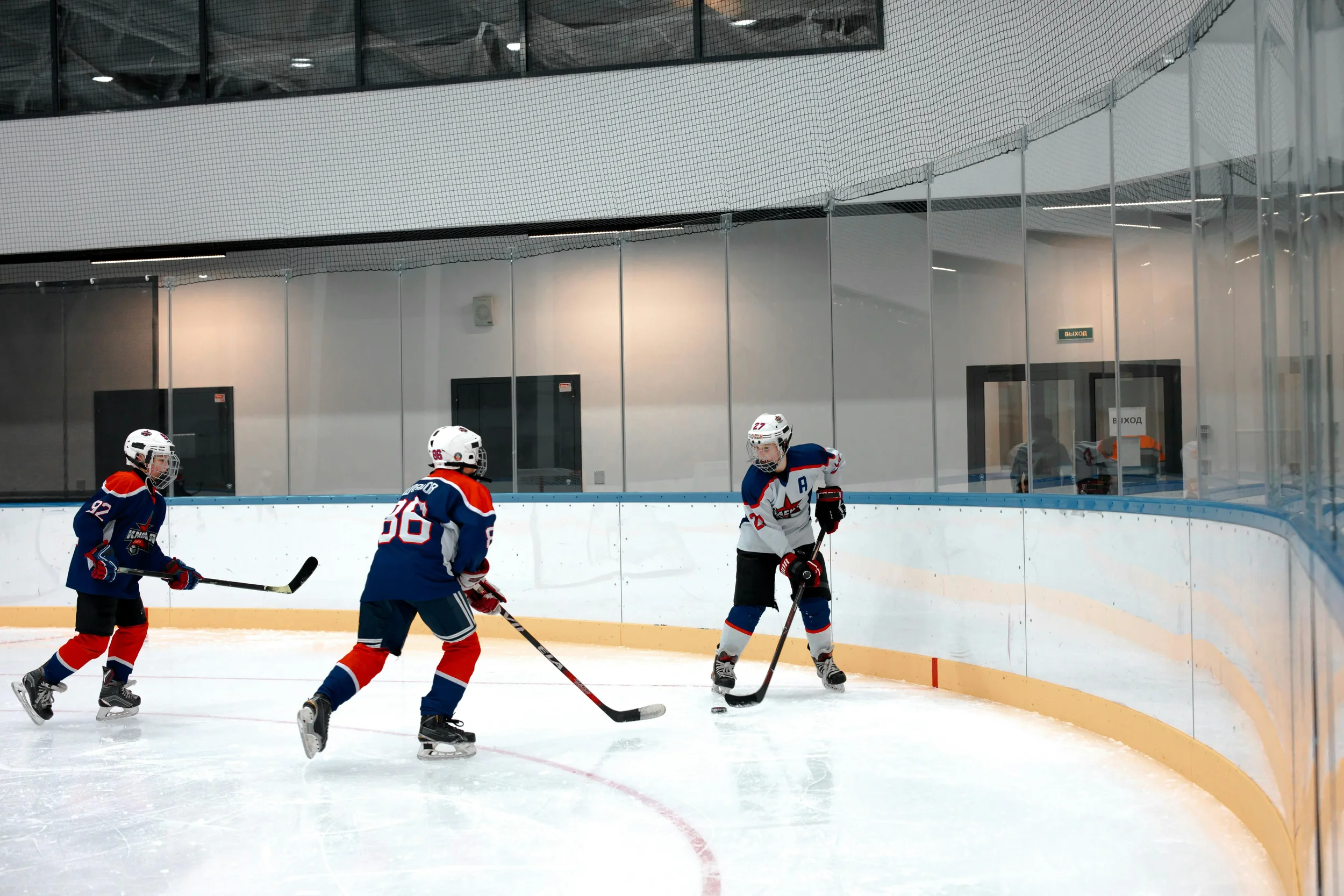 Hockey players and referee during a face-off on the ice rink.