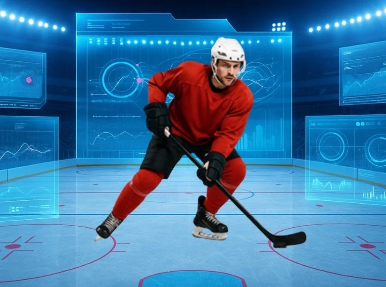 Hockey player in red uniform and white helmet skating on an ice rink with futuristic digital screens in the background.