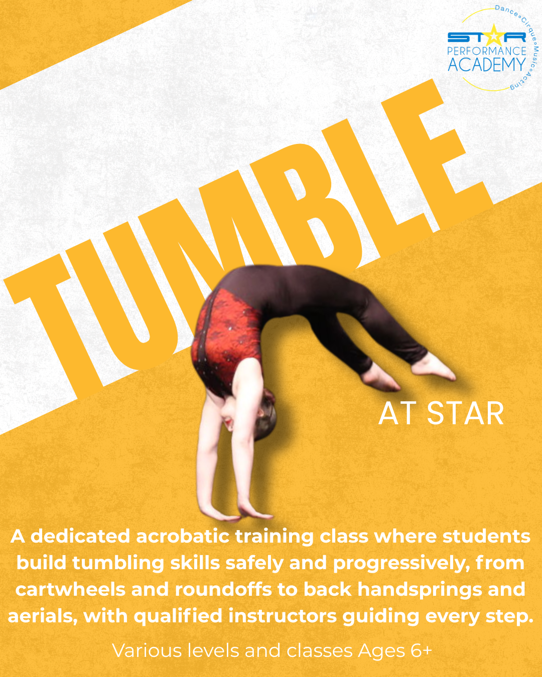 A dedicated acrobatic training class where students build tumbling skills safely and progressively, from cartwheels and roundoffs to back handsprings and aerials, with qualified instructors guiding every step.