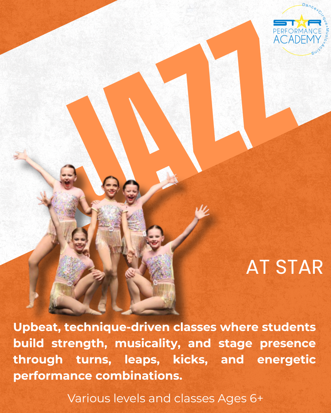 Upbeat, technique-driven classes where students build strength, musicality, and stage presence through turns, leaps, kicks, and energetic performance combinations.