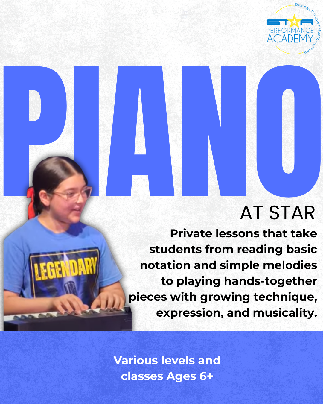 Private lessons that take students from reading basic notation and simple melodies to playing hands-together pieces with growing technique, expression, and musicality.