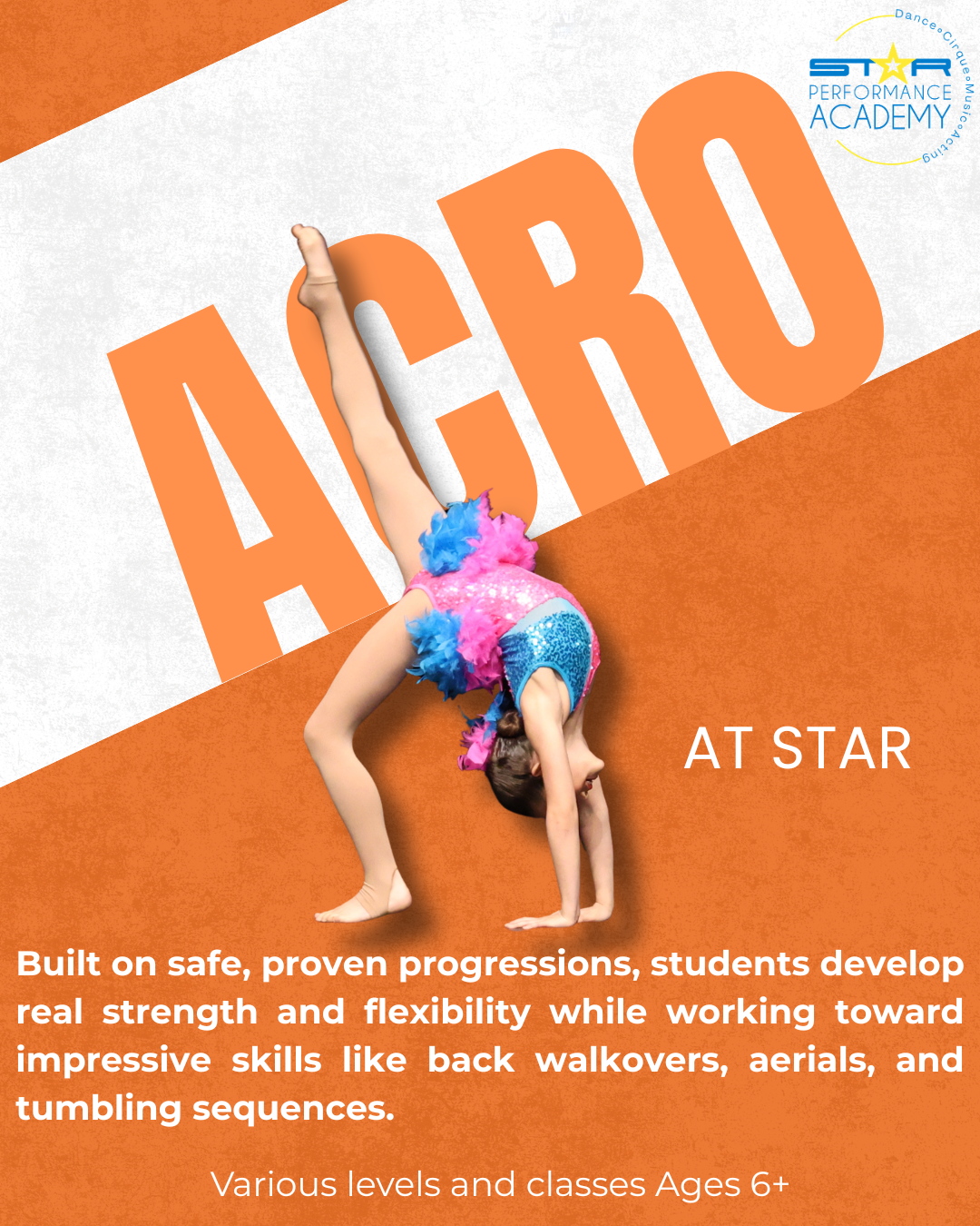 Built on safe, proven progressions, students develop real strength and flexibility while working toward impressive skills like back walkovers, aerials, and tumbling sequences.