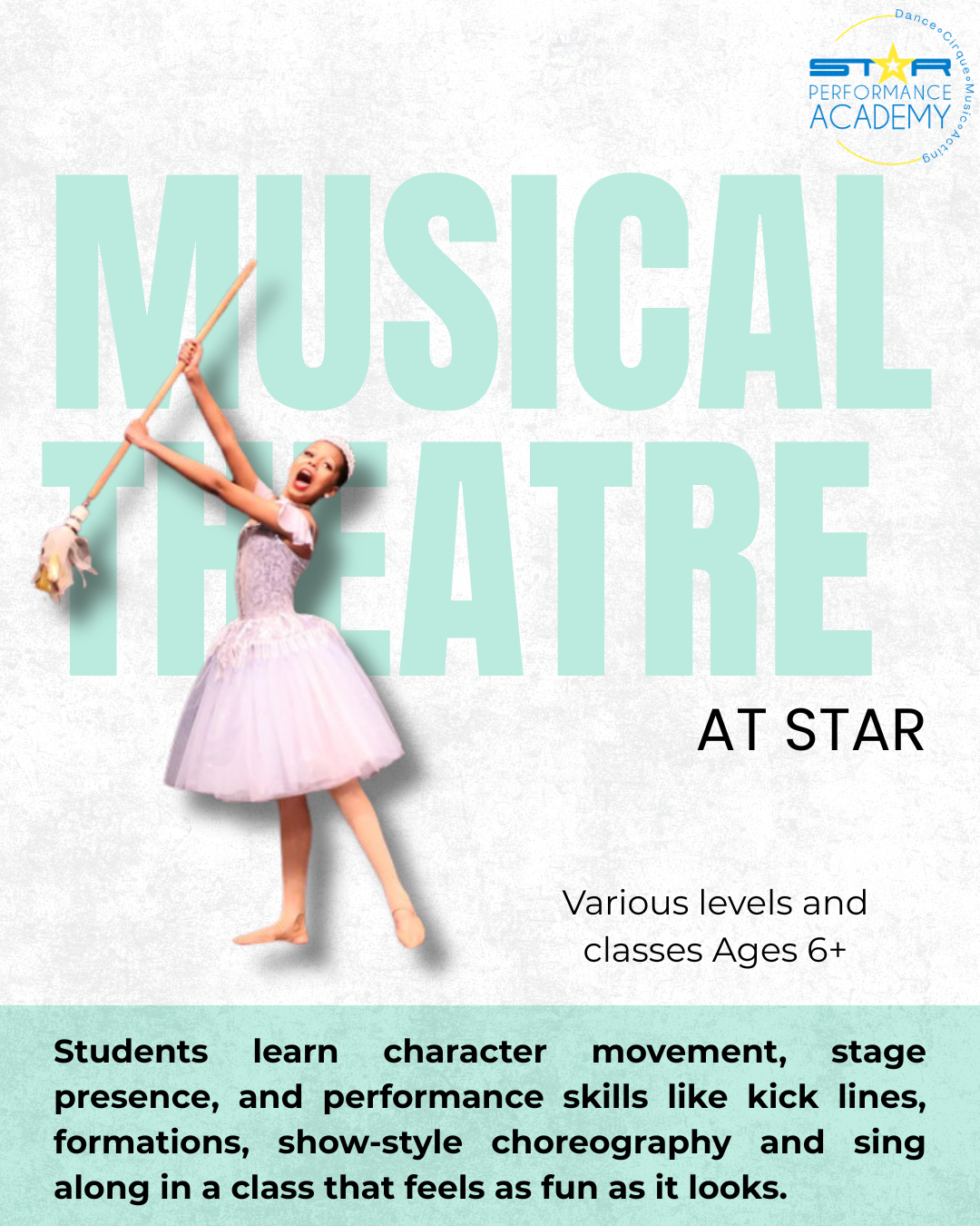 Students learn character movement, stage presence, and performance skills like kick lines, formations, show-style choreography and sing along in a class that feels as fun as it looks.
