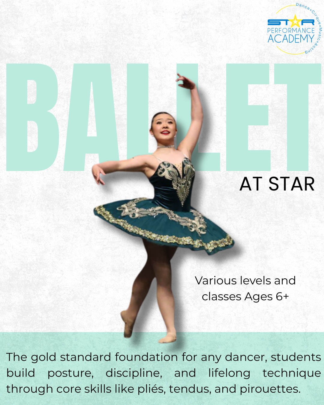 The gold standard foundation for any dancer, students build posture, discipline, and lifelong technique through core skills like pliés, tendus, and pirouettes.