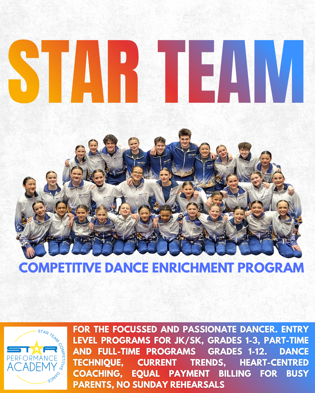 FOR THE FOCUSSED AND PASSIONATE DANCER. ENTRY LEVEL PROGRAMS FOR JK/SK, GRADES 1-3, PART-TIME AND FULL-TIME PROGRAMS  GRADES 1-12.  DANCE TECHNIQUE, CURRENT TRENDS, HEART-CENTRED COACHING, EQUAL PAYMENT BILLING FOR BUSY PARENTS, NO SUNDAY REHEARSALS