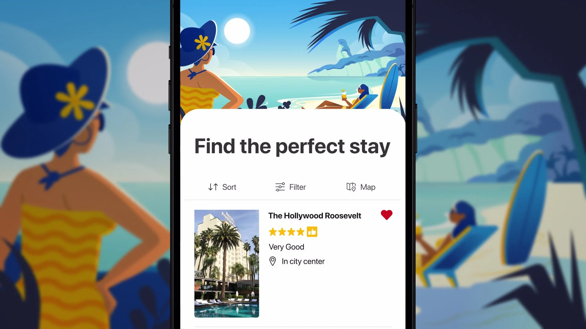 A mobile app interface for finding the perfect stay with options to sort, filter, and view map. The list displays a hotel named The Hollywood Roosevelt, rated four stars, labeled very good, located in the city center, with a photo of a hotel and palm