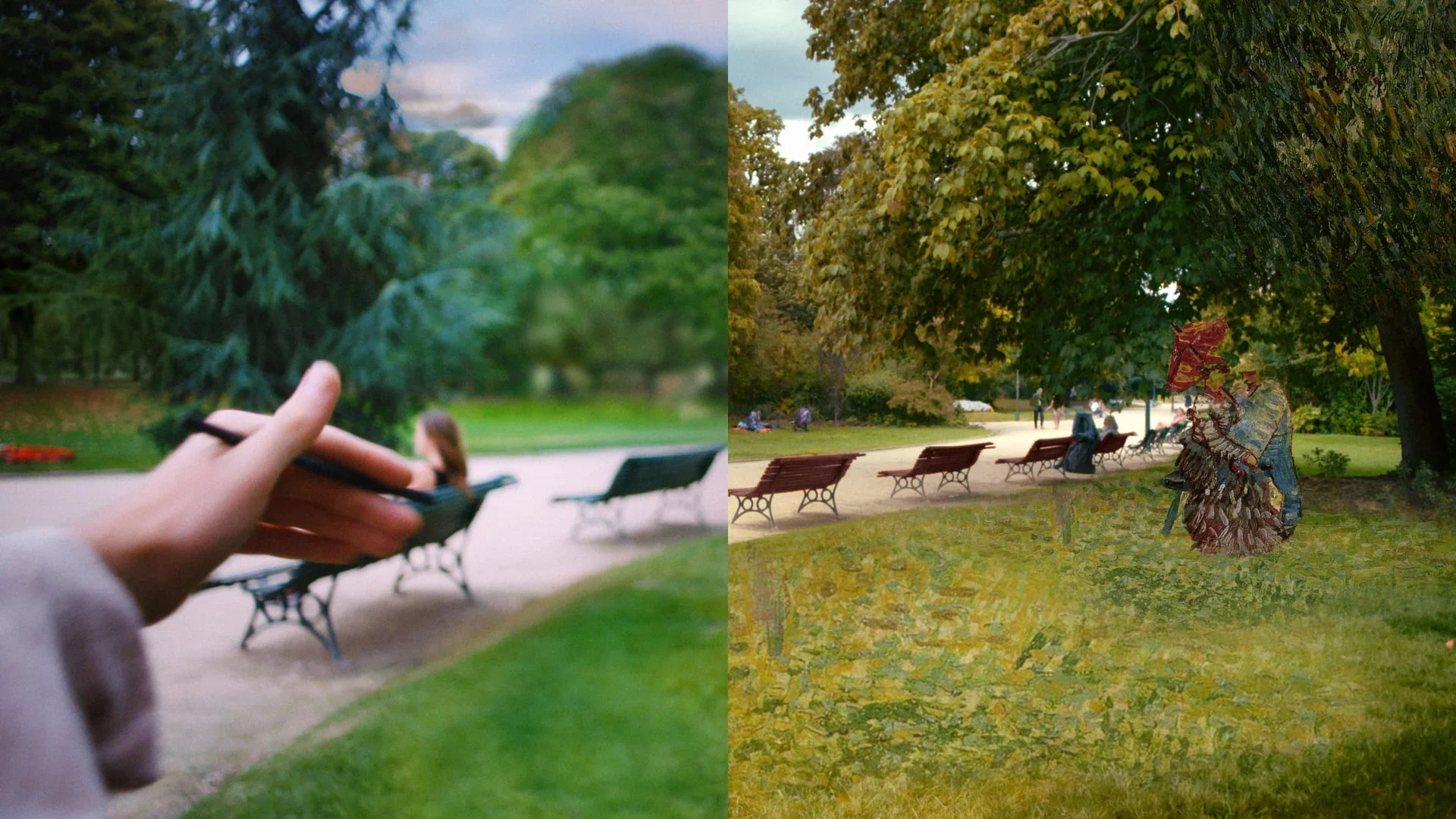 Split view of a park scene; the left side shows a person holding a phone and taking a picture of a bench, with a woman sitting on the bench in the background; the right side shows a painted impressionist-style artwork of the park's scene with a woman