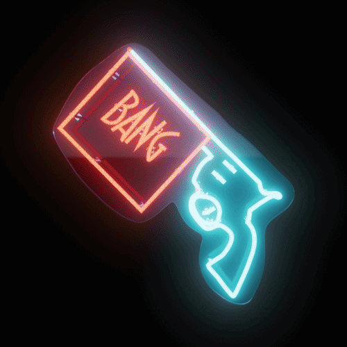 Neon sign of a handgun with the word 'BANG' in his barrel, designed in the shape of a Florida state outline.