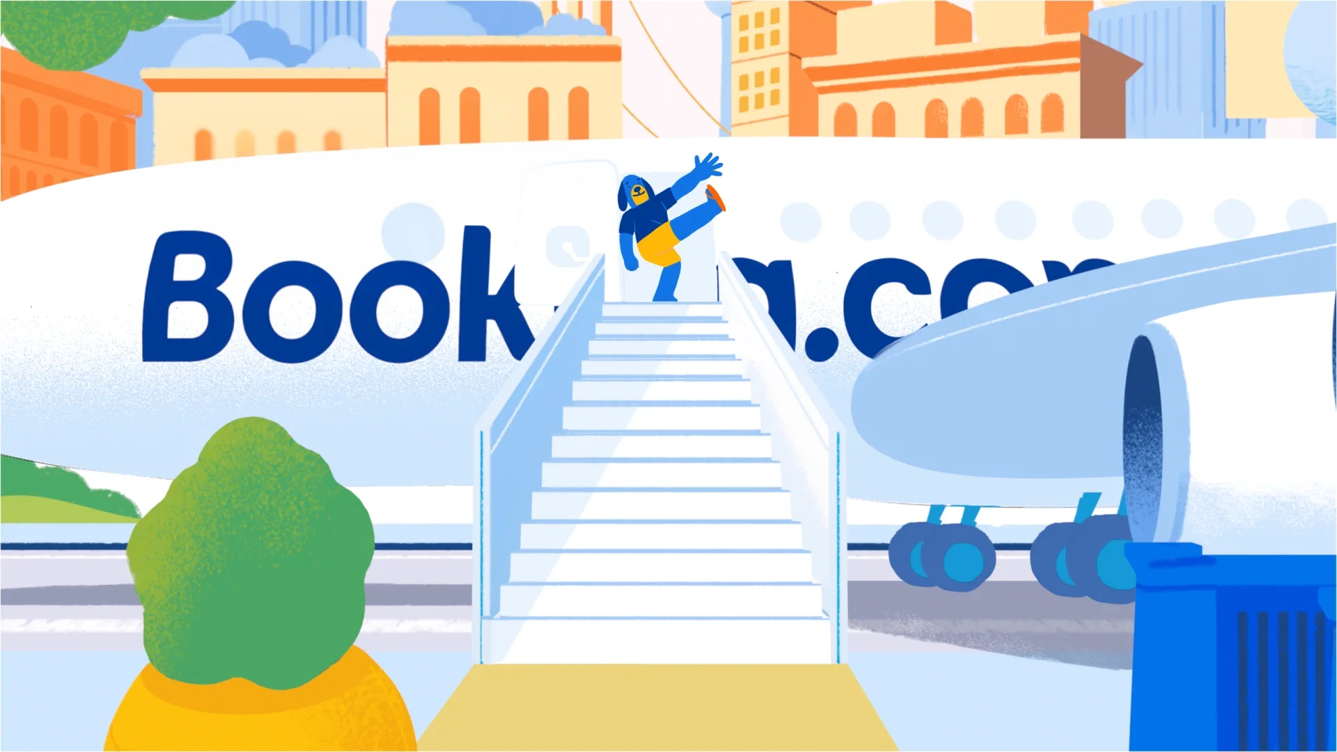 A person dressed as a penguin character, standing at the top of a staircase outside a Bookstore with a large sign reading 'Book'. The scene includes an airplane and city buildings in the background, with a tree in the foreground.