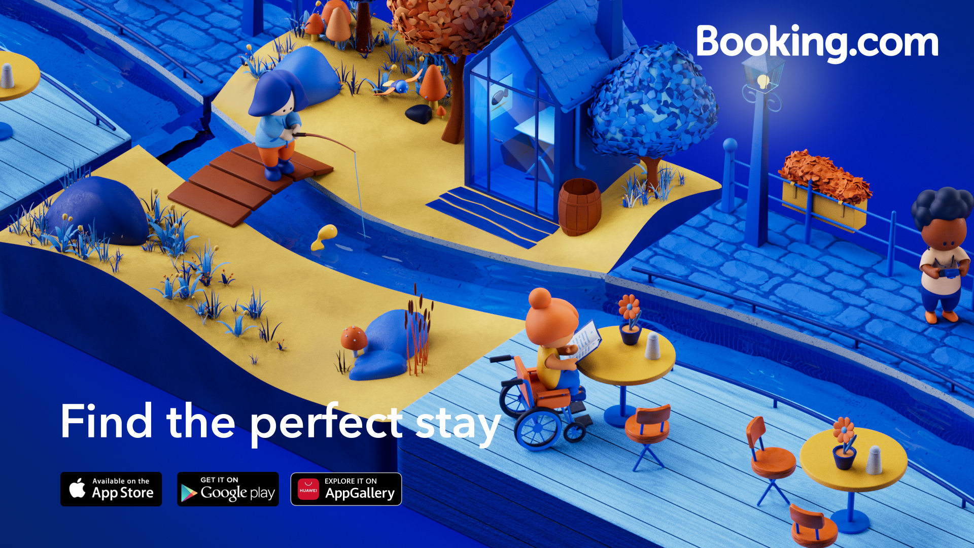 Colorful animated scene with characters by a canal, some fishing, one reading, some taking photos, and various tables and chairs, with a banner promoting Booking.com and app stores.