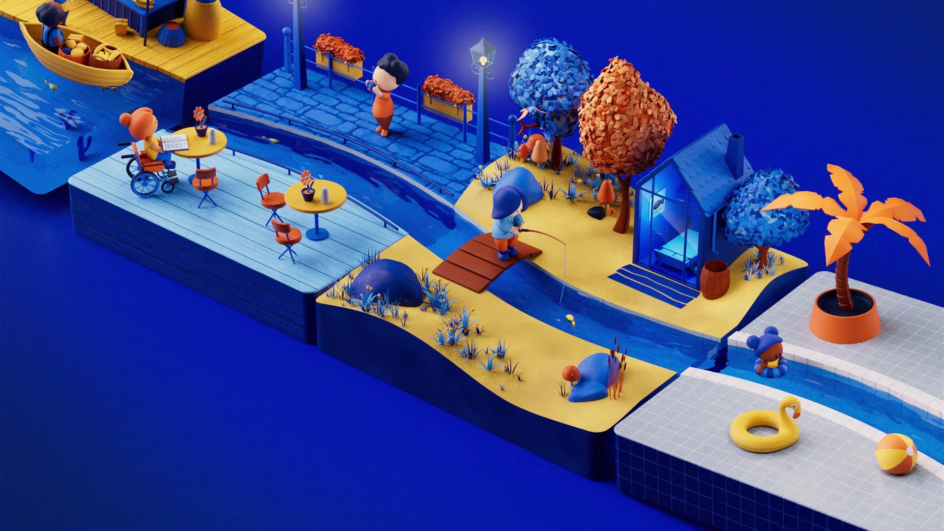 Colorful miniature model scene of a park with a stream, trees, house, and characters including a person in a wheelchair, a dog, a dog, and some animals, with a dock, tables, and a swimming pool with floats.