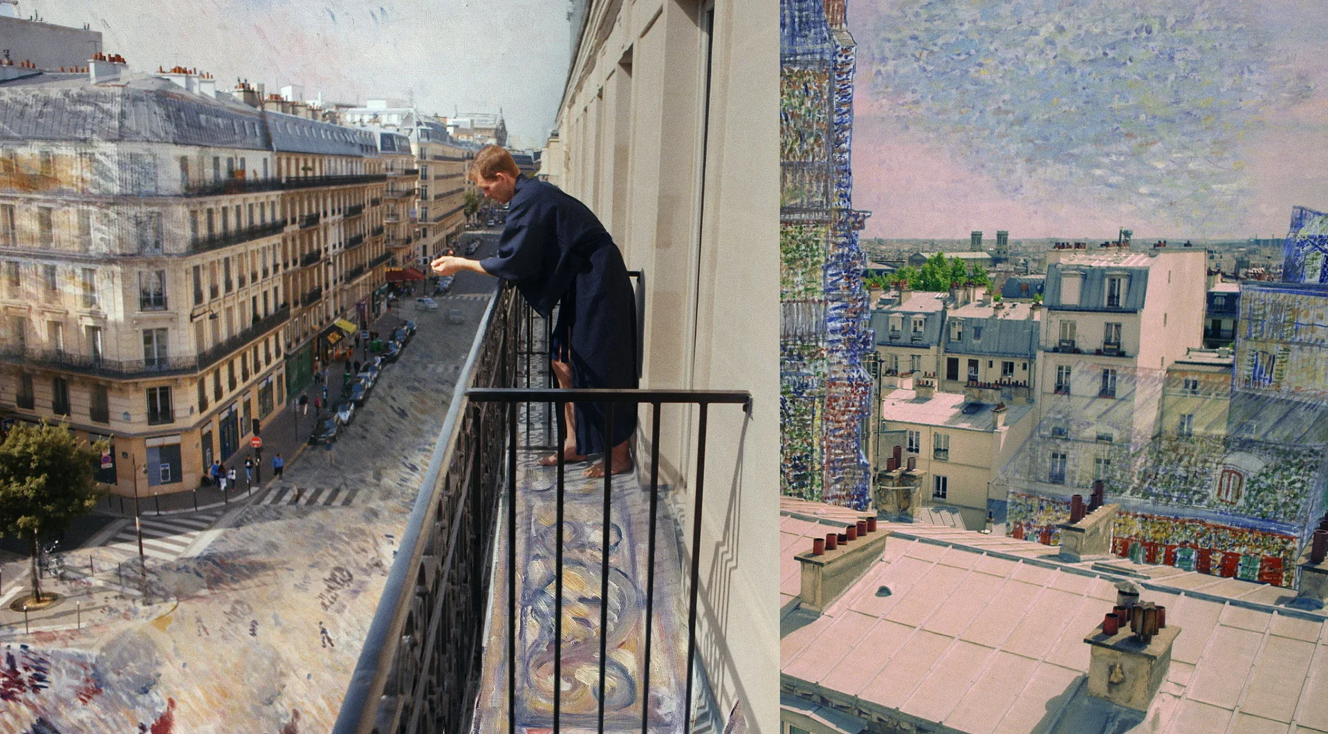 A man in a bathrobe standing on a balcony with a painted floor, looking down at the street below with buildings in the distance.