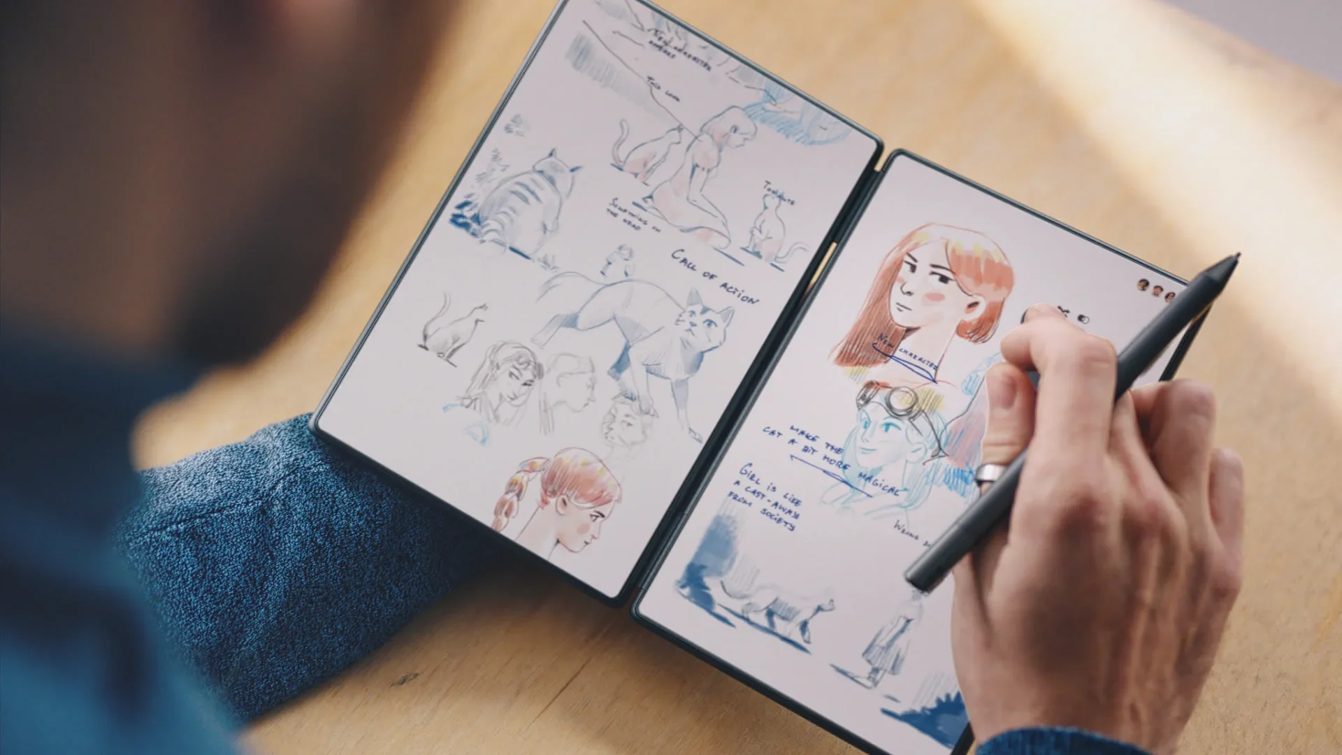 A person sketches and takes notes in a notebook with sketches of animals, humans, and character designs. The person is holding a stylus and the notebook has two pages filled with colorful ink drawings and handwritten annotations.