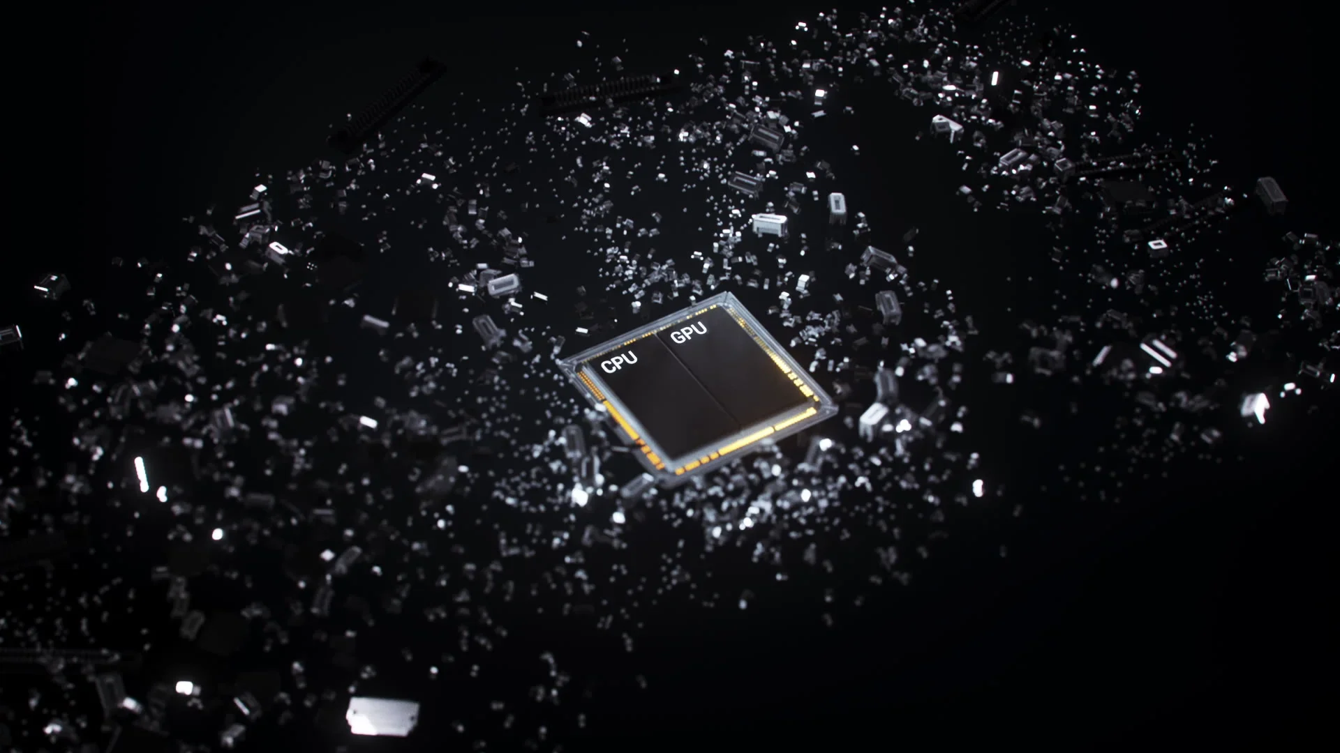 A computer chip labeled 'CPU' and 'GPU' surrounded by various small electronic components and circuit parts.