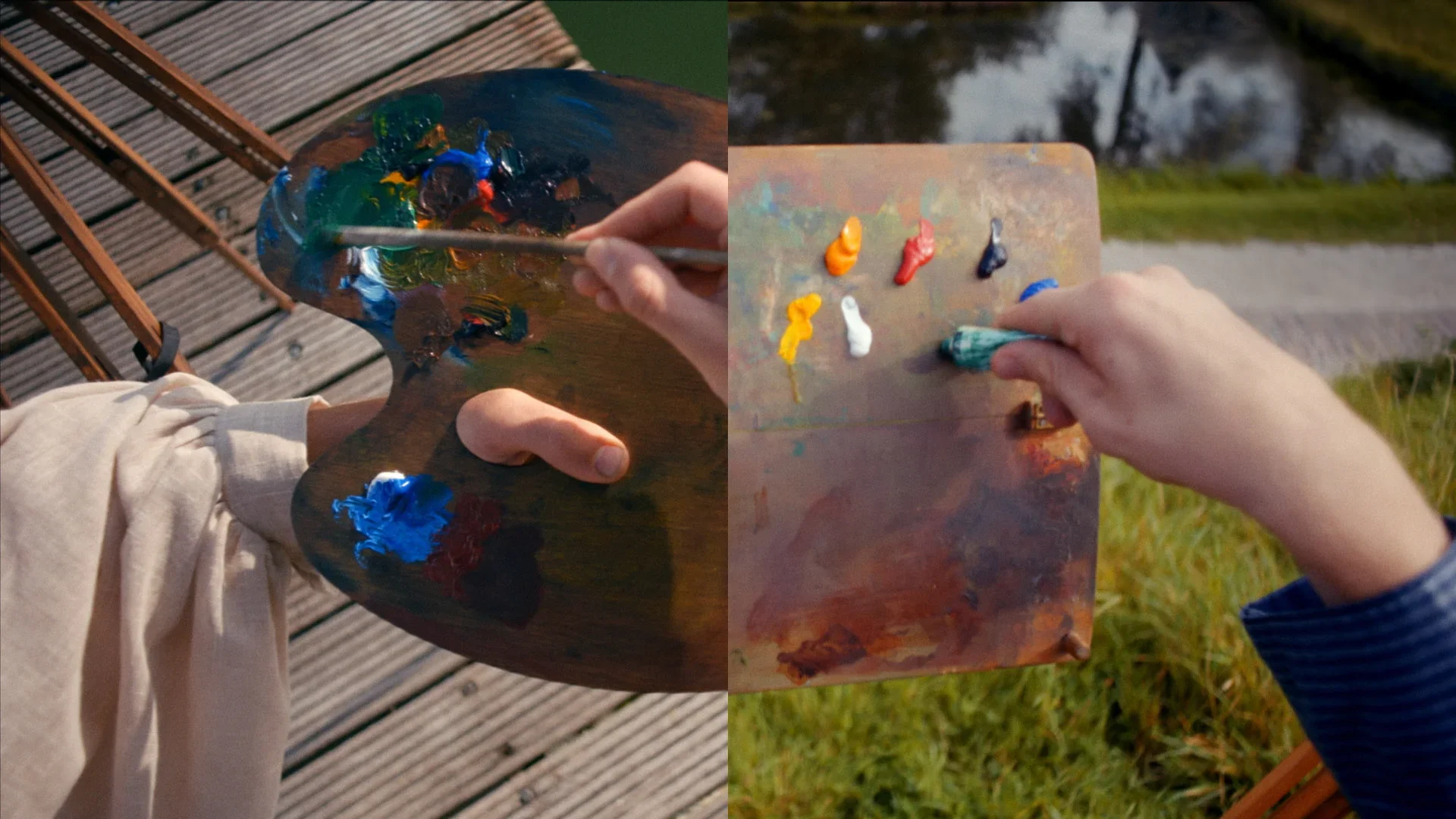 Split-screen image showing an artist’s palette with paint and a person's hand holding a paintbrush on the left, painting outdoors on a wooden surface, and another hand holding a different palette with various paint blobs on grass near water on the ri