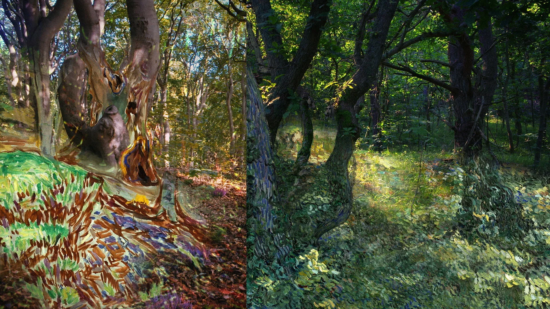 Digital artwork of a forest scene divided into two halves. The left half depicts a stylized, painted forest with detailed trees and foliage, featuring a small animal on a tree trunk. The right half shows a more realistic painting of forest trees with