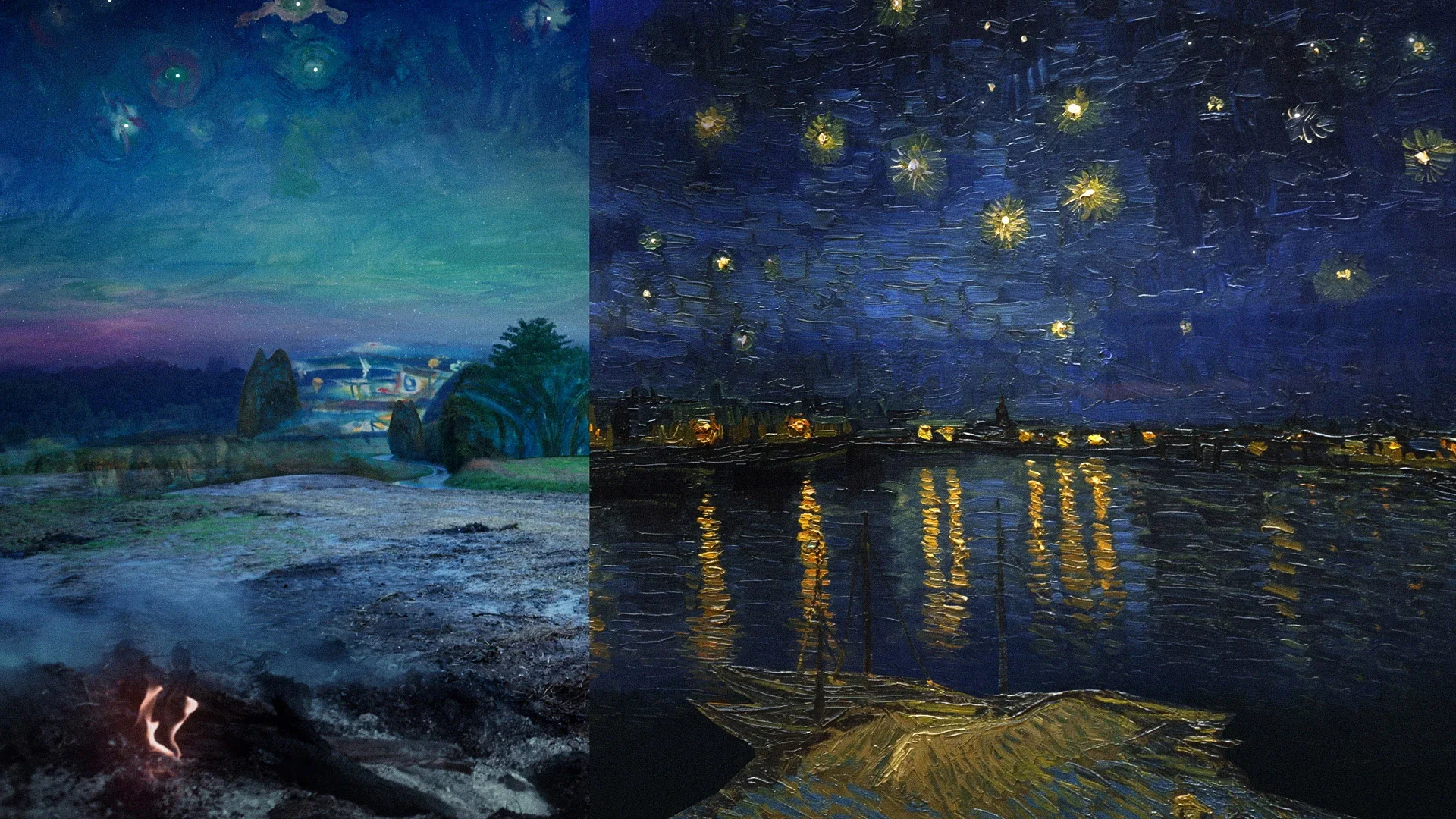 Split view of paintings: left side shows a colorful landscape with a bright sky, trees, and a rocky foreground; right side depicts a night scene over water with reflections of lights and starry sky in an impressionist style.
