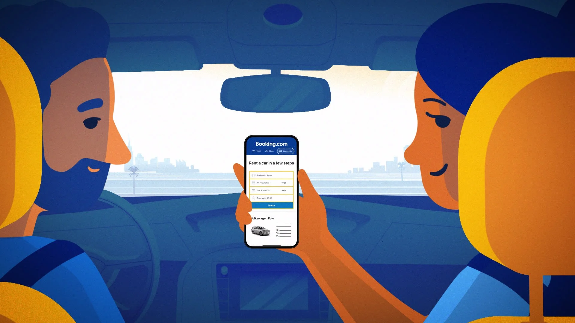 Two people are in a car, one driving and one in the passenger seat. The passenger is holding a smartphone displaying a booking website for renting a car, with details like pickup location and date. The city skyline is visible through the windshield.