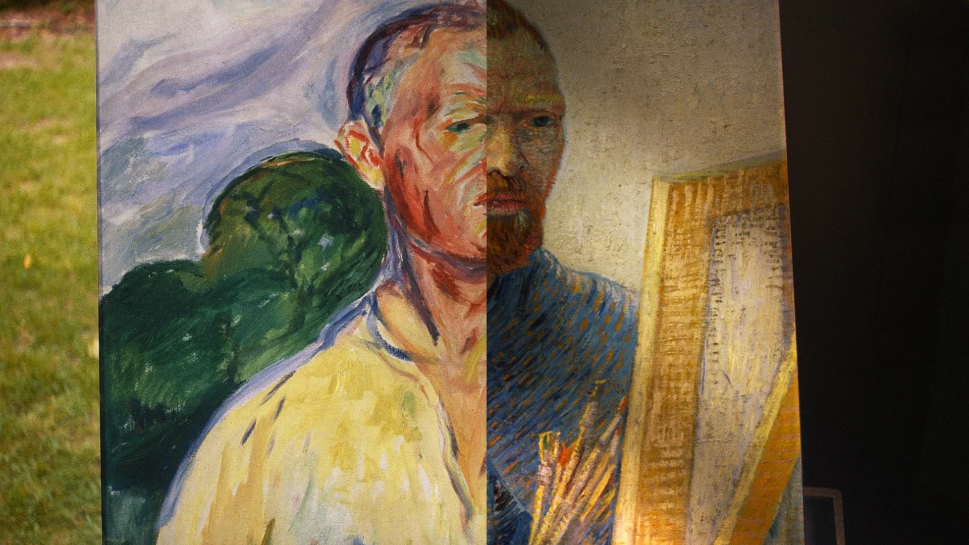 A split-image featuring a colorful watercolor painting of a man with a beard on the left side and a more realistic painted portrait of the same man on the right side, with a textured background.