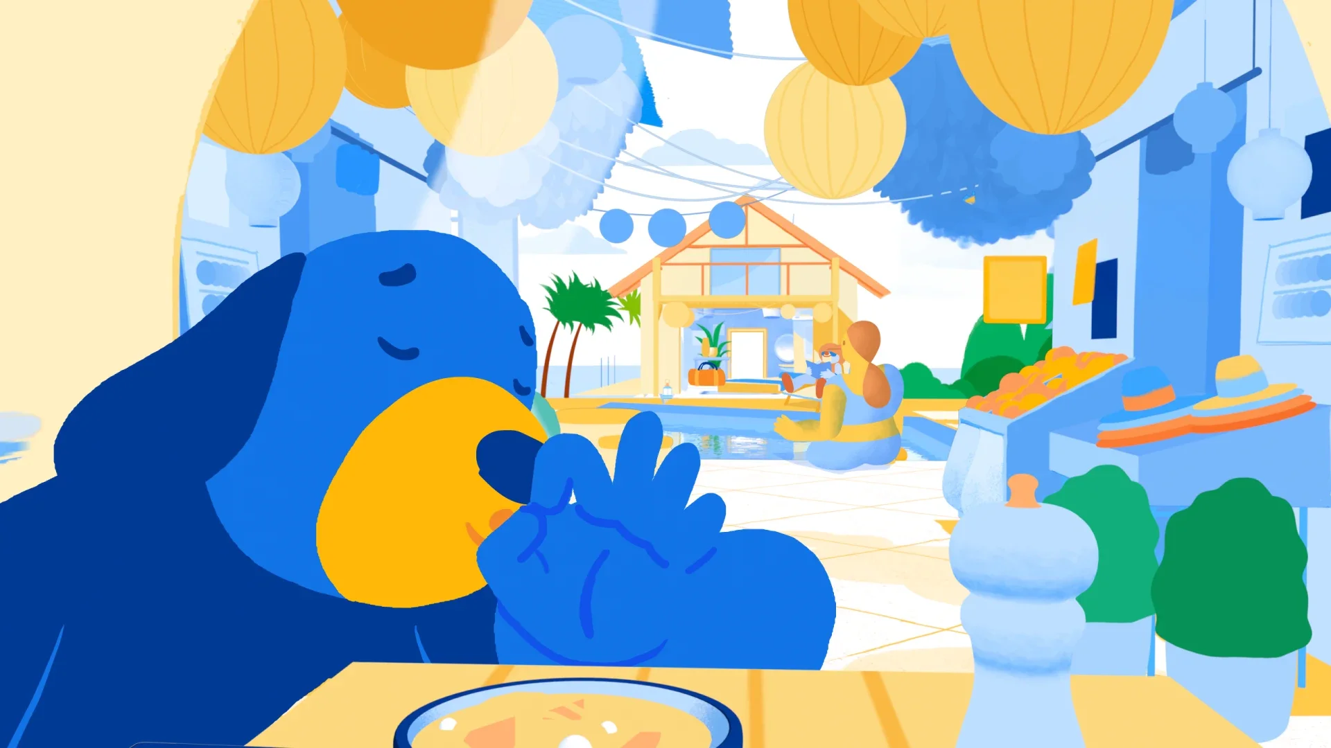 A colorful illustration of a cafe with outdoor seating, hanging lanterns, a large blue bear drinking a beverage at the foreground, and a woman sitting on a float by a pool in the background.