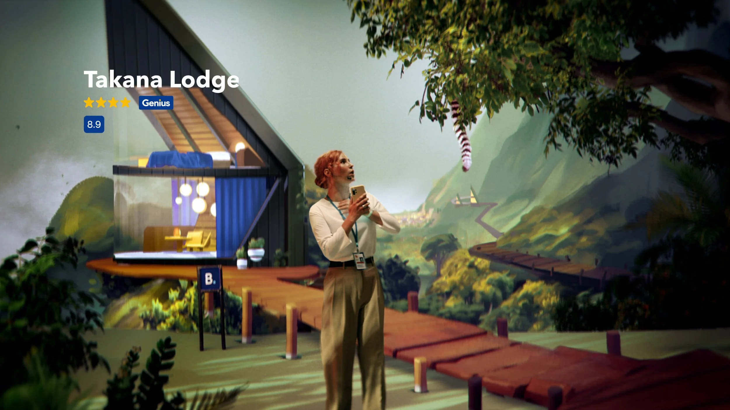 A woman with pink curly hair looking up and holding a phone in front of a colorful mural of a lush landscape with a house, a winding path, and a tree. The mural depicts a cabin with blue curtains, a yellow chair, and greenery, creating an inviting na