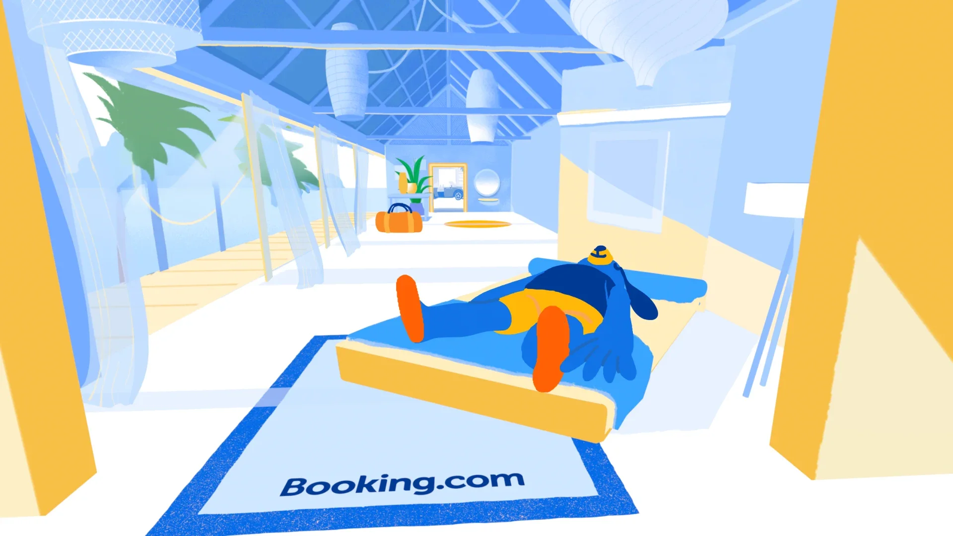 Cartoon cartoon of a bedroom with a superhero laying on the bed. The room has large windows, potted plants, luggage, and a mirror. The floor has a rug with Booking.com logo.