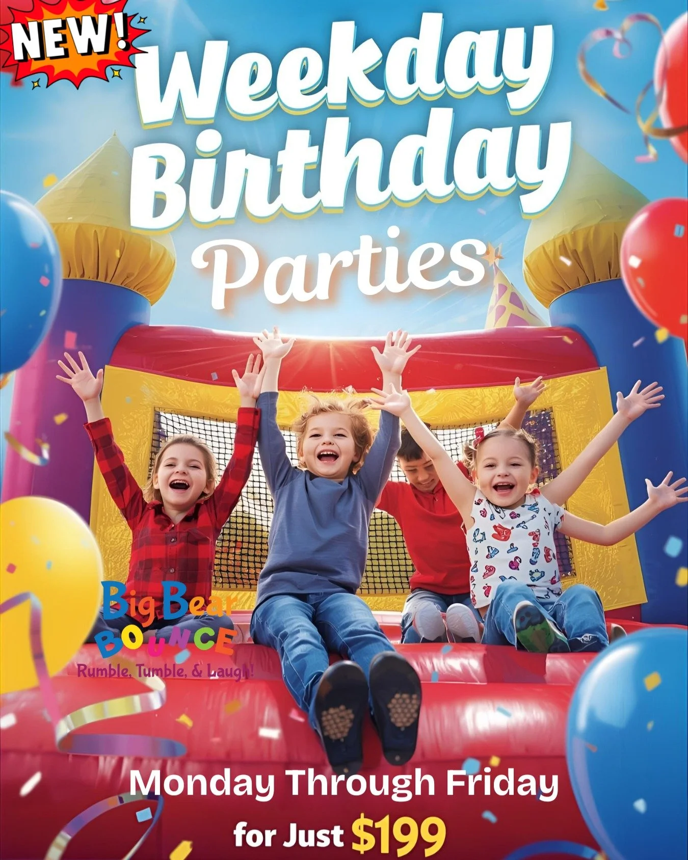 Introducing Weekday Birthday Parties! 🎂 Celebrate your loved one's birthday Monday through Friday for $199. Reserve Now! We look forward to serving you! 🎉