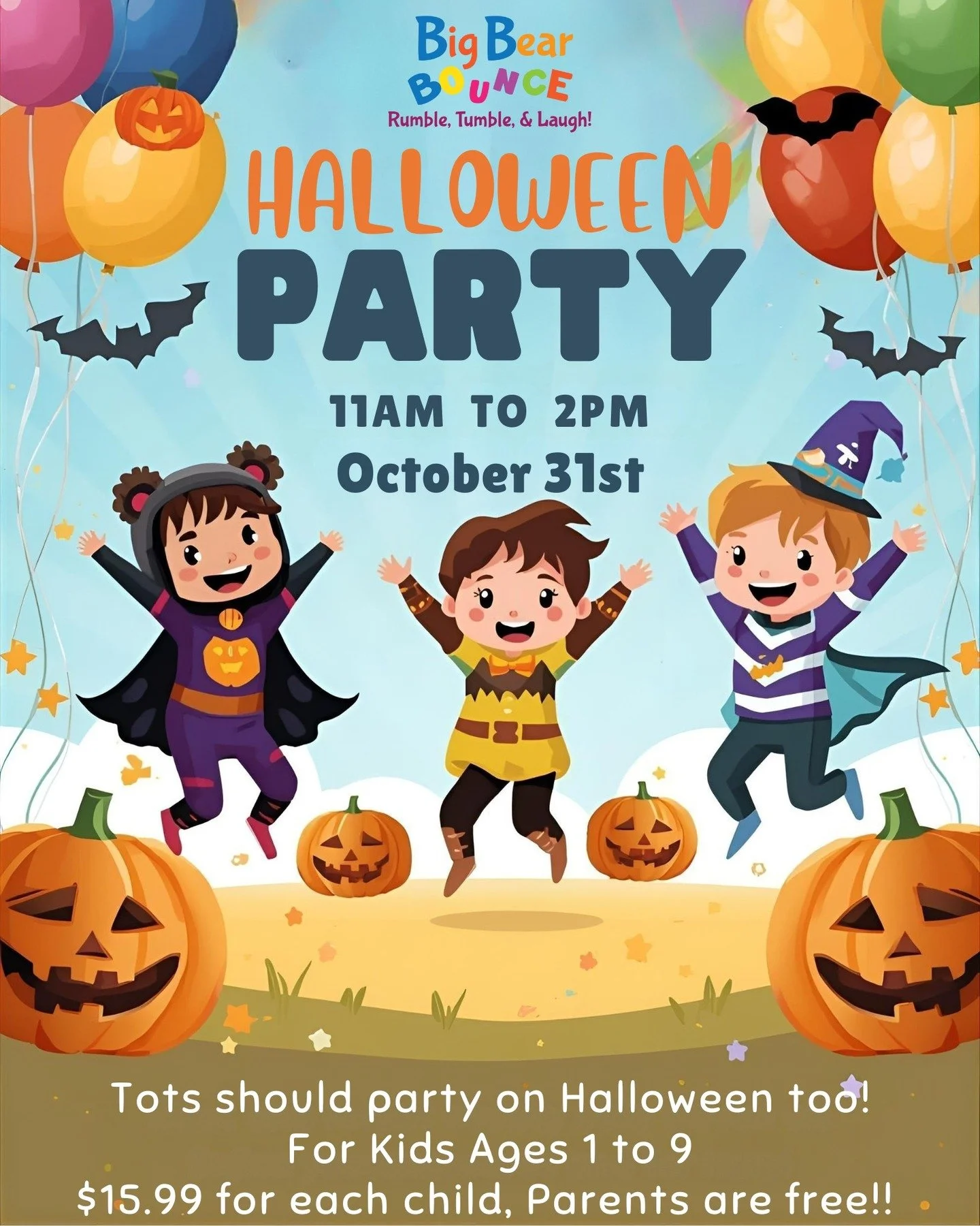 🎃 Big Bear Bounce Halloween Party! 👻
Get ready for a spooktacular time at Big Bear Bounce &mdash; where fun and fright come together for a family-friendly Halloween celebration!👻 
**Reservations Required**