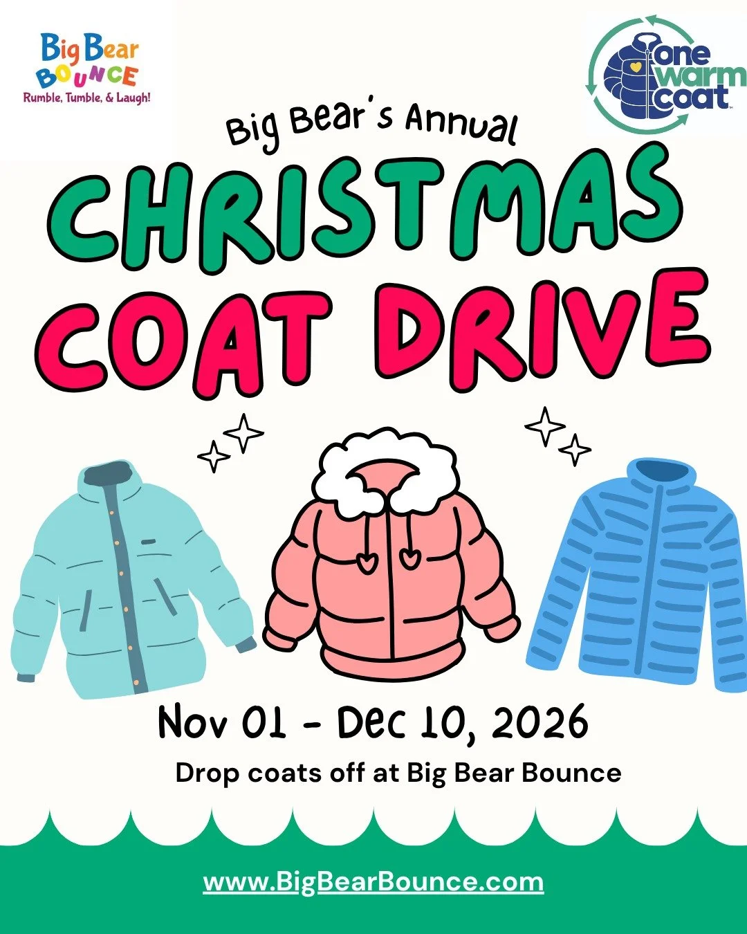 ✨ Big Bear Bounce is proud to team up with One Warm Coat to help keep kids in the Triangle warm this winter! 🧥💛

Every child deserves to feel cozy, cared for, and confident &mdash; and together, we can make that happen. Drop off a coat, spread the 