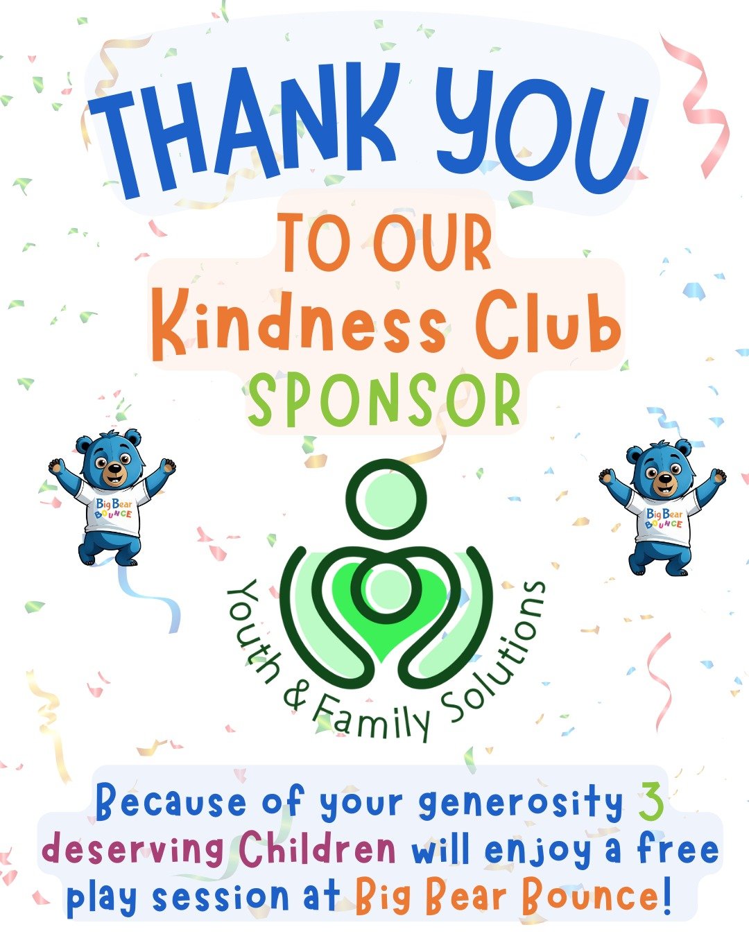 We appreciate our sponsors Thank you Youth &amp; Family Solutions for your generous donation and support for so many children in our local area. 3 local children will smile, laugh, and play freely because of your generosity.👏
