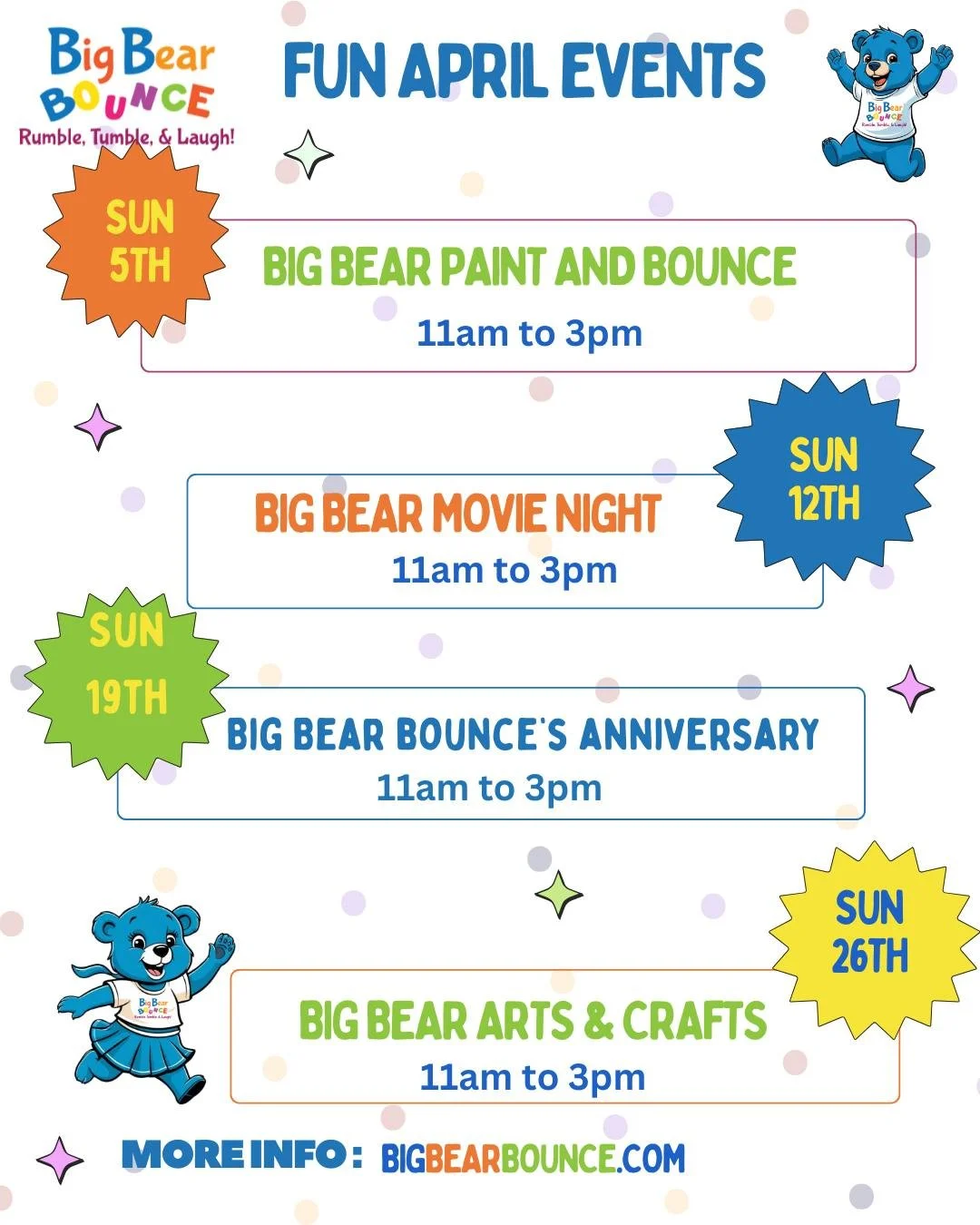 🌸🎉 April Sundays Just Got Better!
Join us every Sunday this April for something NEW and exciting each week! From creative fun to high-energy play, there&rsquo;s something for everyone to enjoy.
Plus, don&rsquo;t miss our 1-Year Anniversary Celebrat