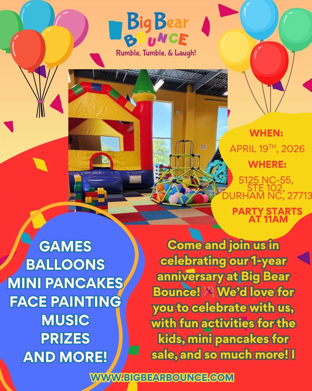 We&rsquo;re turning ONE! 🎉
Come celebrate our 1st Anniversary with us at Big Bear Bounce! Join us for a day full of bouncing, games, delicious food, and so much more as we mark this exciting milestone.
Bring your friends, bring your energy, and let&