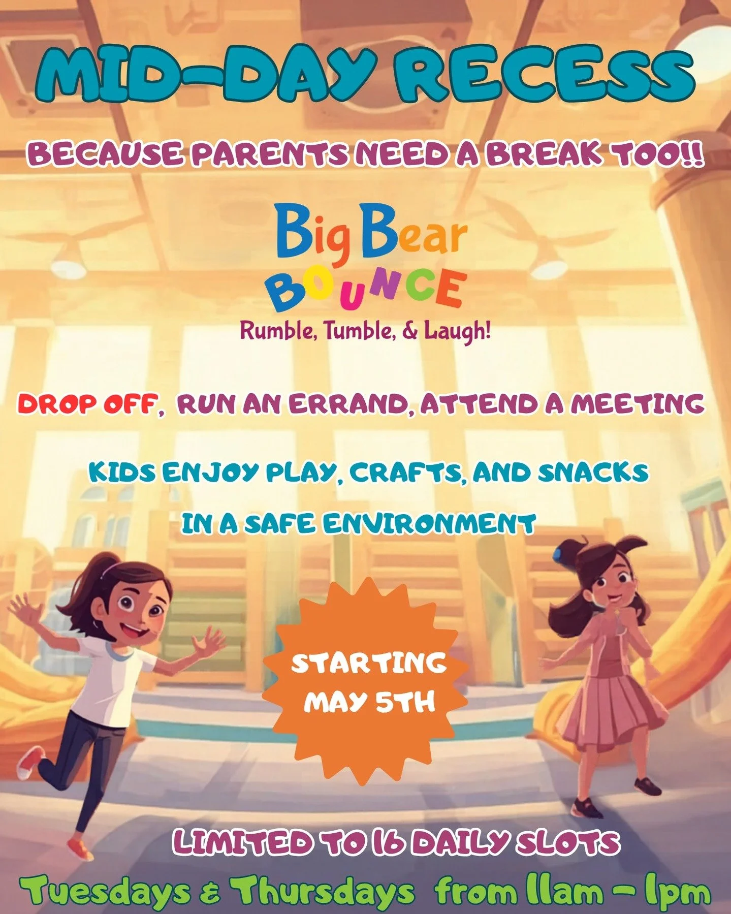 Parents need a break too!! Starting in May Big Bear Bounce will start giving you that break twice a week! Enjoy a quiet lunch, go shopping, or just read a nice book while we take care of your precious one! 🐻
16s
