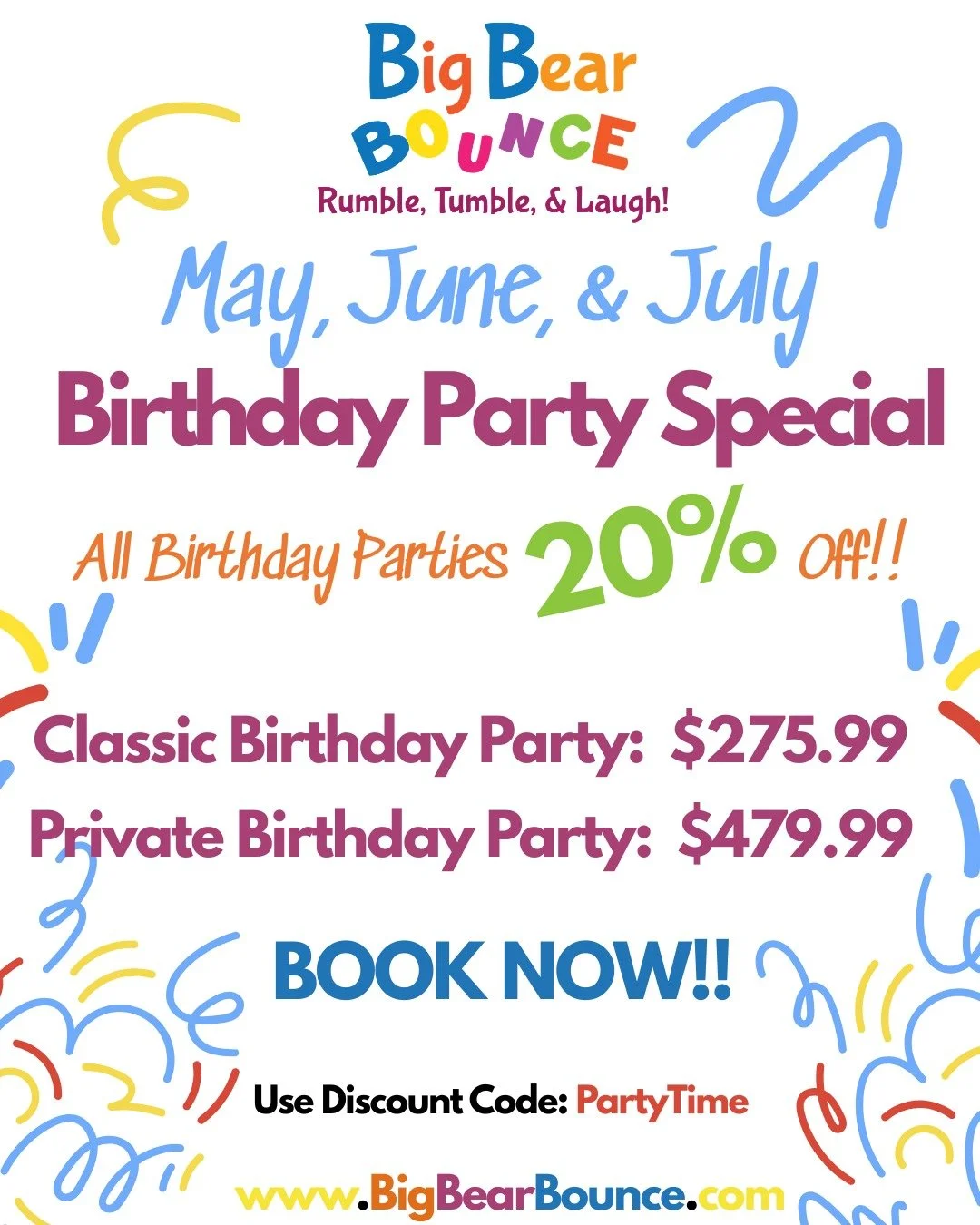 Birthday parties are 20% off this summer at Big Bear Bounce!!! 🎉 Book now while slots are available. 🐻