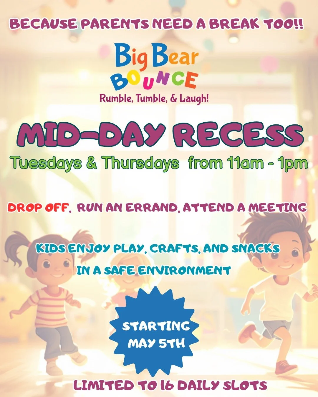 Run that Errand, Go shopping. Have a cup of coffee in a quiet place. Let us take care of your little one for a couple of hours! Take advantage of our Mid-Day recess for parents, child care providers, and guardians. Sometimes, all you need a couple of