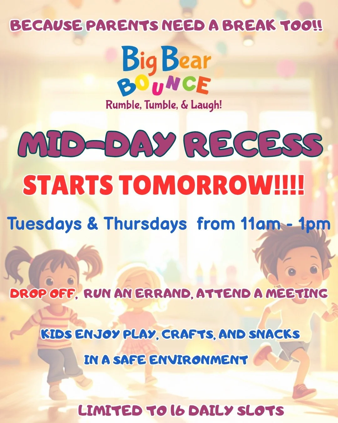 Mid-Day Recess starts tomorrow!!! We are so excited to give you a break and be a safe, fun space for your little one for just a little while for just $24.99. Snack and water included. Don't wait, reserve now. Only 16 spots available per session. 🧸