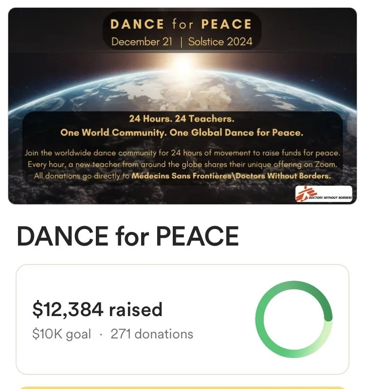 Dance for Peace event banner showing a view of Earth from space with the sun rising, promoting the Solstice 2024 with 24 hours of global dance sessions for charity. The image highlights fundraising progress with $12,384 raised of a $10k goal for Médecins Sans Frontières. Includes Doctors Without Borders logo.