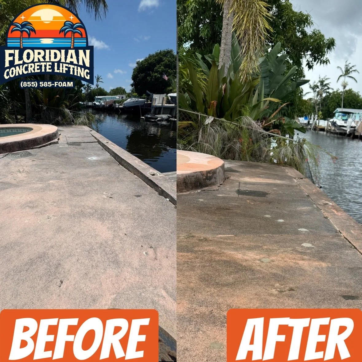 Before and after: pool deck lifting and stabilization with polyurethane foam injection in Florida